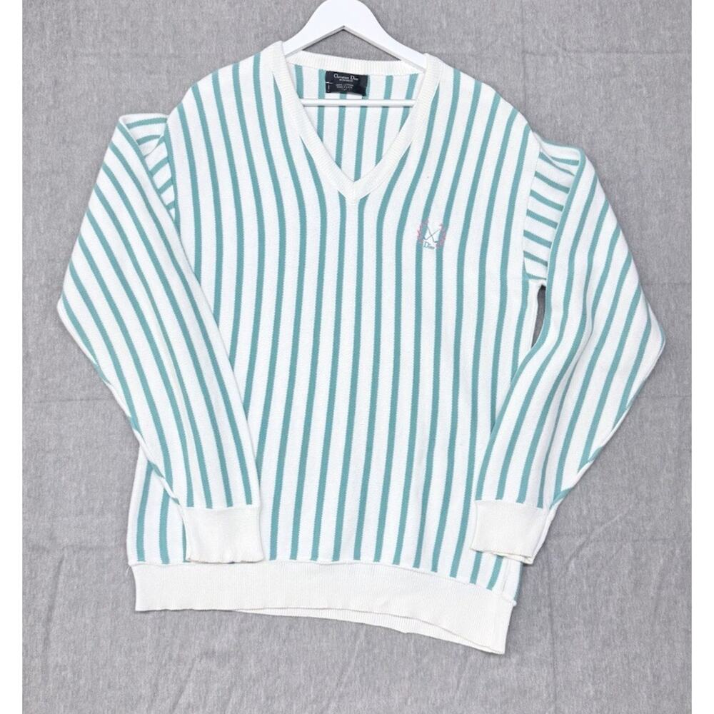 CHRISTIAN DIOR Monsieur Vtg Cotton Striped V-neck Sweater L